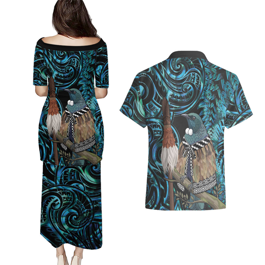 New Zealand Tui Bird Taiaha Couples Matching Puletasi and Hawaiian Shirt Maori Weapon Paua Shell Mix Silver Fern LT14 - Polynesian Pride
