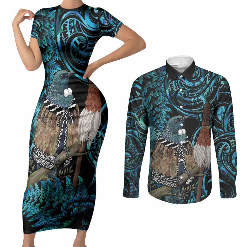 New Zealand Tui Bird Taiaha Couples Matching Short Sleeve Bodycon Dress and Long Sleeve Button Shirt Maori Weapon Paua Shell Mix Silver Fern LT14 Turquoise - Polynesian Pride