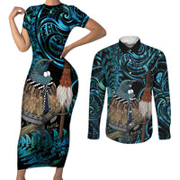 New Zealand Tui Bird Taiaha Couples Matching Short Sleeve Bodycon Dress and Long Sleeve Button Shirt Maori Weapon Paua Shell Mix Silver Fern LT14 Turquoise - Polynesian Pride