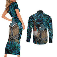 New Zealand Tui Bird Taiaha Couples Matching Short Sleeve Bodycon Dress and Long Sleeve Button Shirt Maori Weapon Paua Shell Mix Silver Fern LT14 - Polynesian Pride