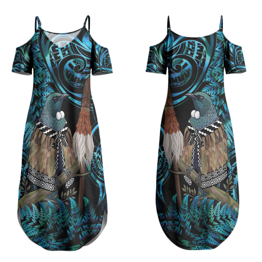New Zealand Tui Bird Taiaha Couples Matching Summer Maxi Dress and Long Sleeve Button Shirt Maori Weapon Paua Shell Mix Silver Fern LT14 - Polynesian Pride