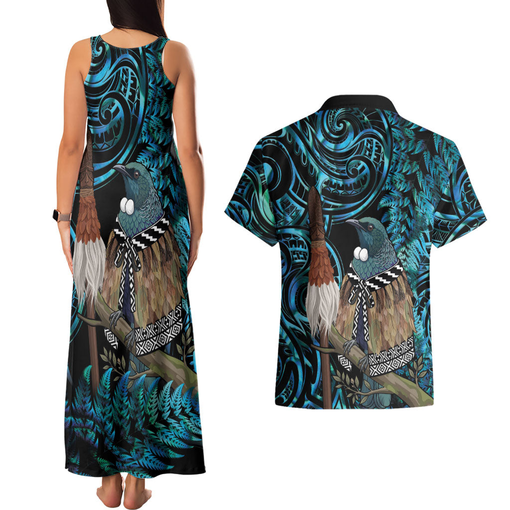 New Zealand Tui Bird Taiaha Couples Matching Tank Maxi Dress and Hawaiian Shirt Maori Weapon Paua Shell Mix Silver Fern LT14 - Polynesian Pride