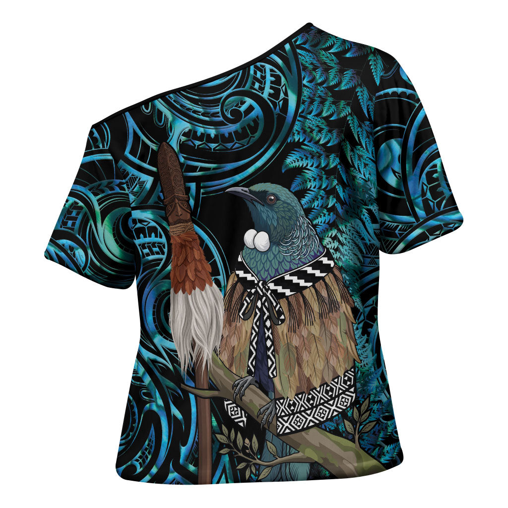 New Zealand Tui Bird Taiaha Cross Shoulder Shirt Maori Weapon Paua Shell Mix Silver Fern LT14 - Polynesian Pride