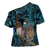 New Zealand Tui Bird Taiaha Cross Shoulder Shirt Maori Weapon Paua Shell Mix Silver Fern LT14 - Polynesian Pride