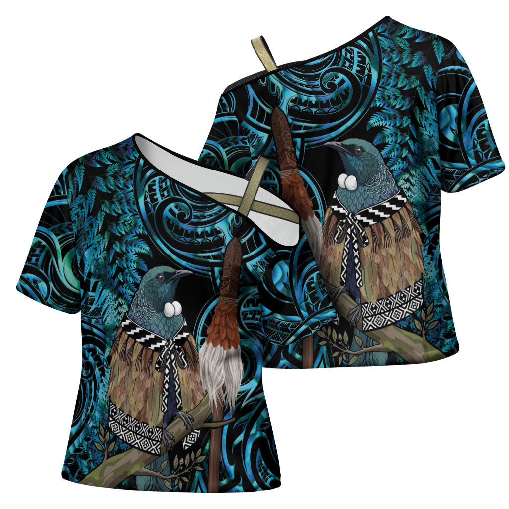 New Zealand Tui Bird Taiaha Cross Shoulder Shirt Maori Weapon Paua Shell Mix Silver Fern LT14 - Polynesian Pride