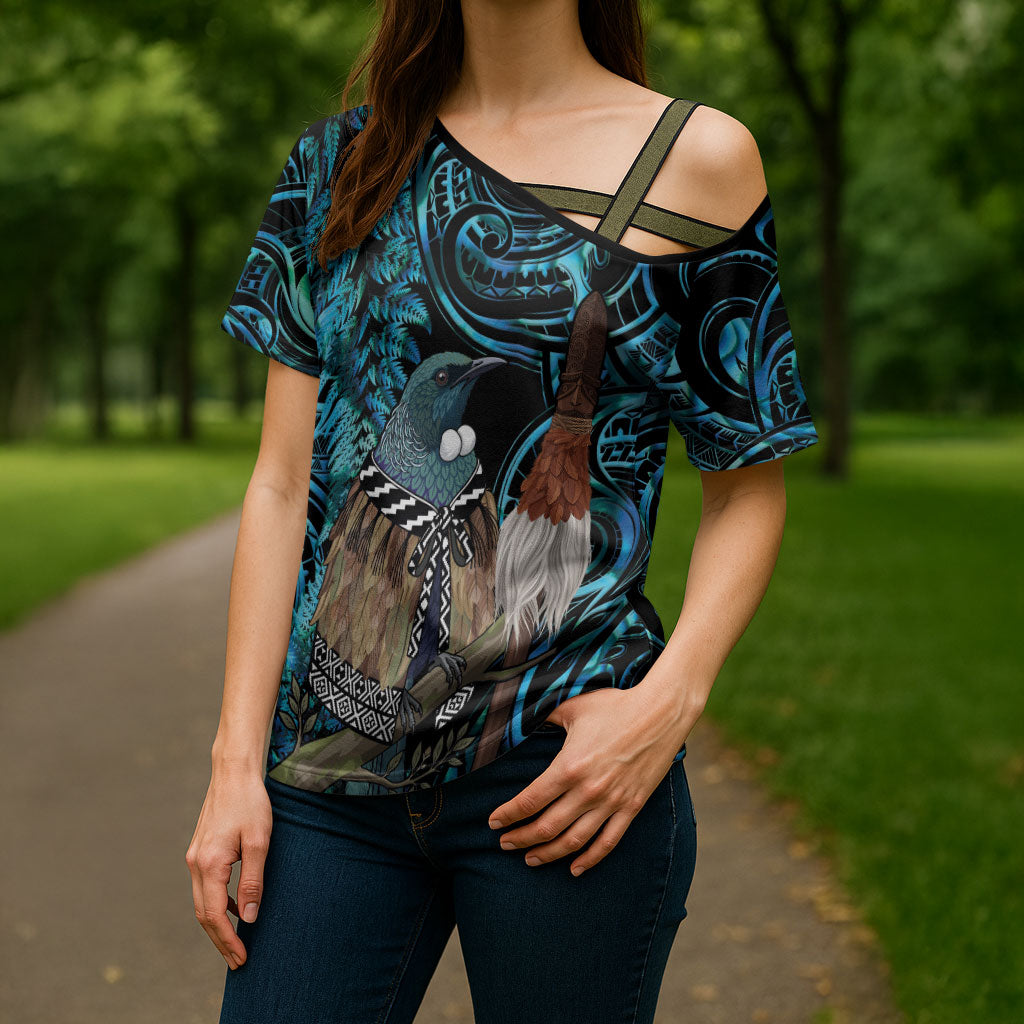 New Zealand Tui Bird Taiaha Cross Shoulder Shirt Maori Weapon Paua Shell Mix Silver Fern LT14 - Polynesian Pride