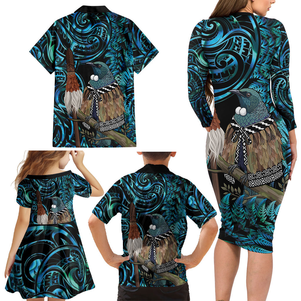 New Zealand Tui Bird Taiaha Family Matching Long Sleeve Bodycon Dress and Hawaiian Shirt Maori Weapon Paua Shell Mix Silver Fern LT14 - Polynesian Pride