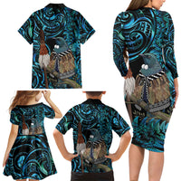 New Zealand Tui Bird Taiaha Family Matching Long Sleeve Bodycon Dress and Hawaiian Shirt Maori Weapon Paua Shell Mix Silver Fern LT14 - Polynesian Pride