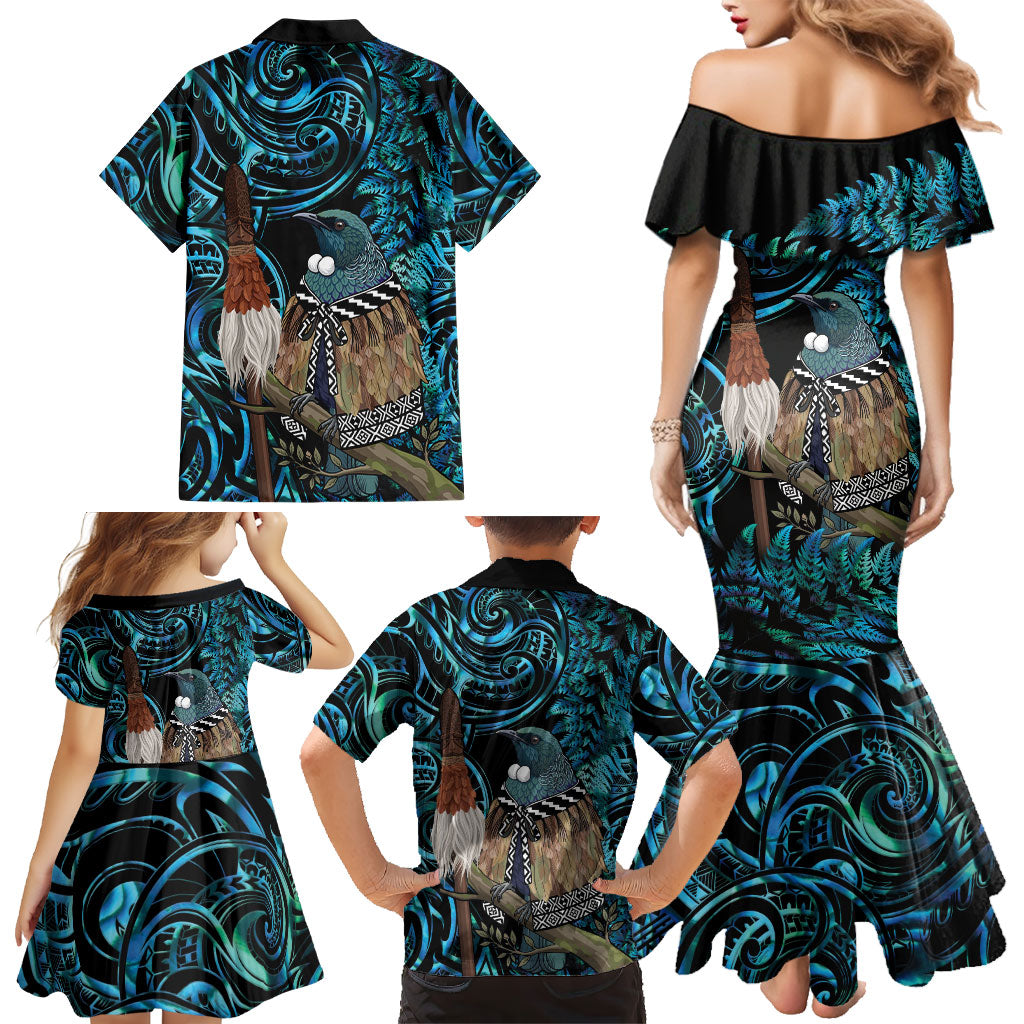 New Zealand Tui Bird Taiaha Family Matching Mermaid Dress and Hawaiian Shirt Maori Weapon Paua Shell Mix Silver Fern LT14 - Polynesian Pride