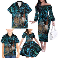 New Zealand Tui Bird Taiaha Family Matching Off The Shoulder Long Sleeve Dress and Hawaiian Shirt Maori Weapon Paua Shell Mix Silver Fern LT14 - Polynesian Pride