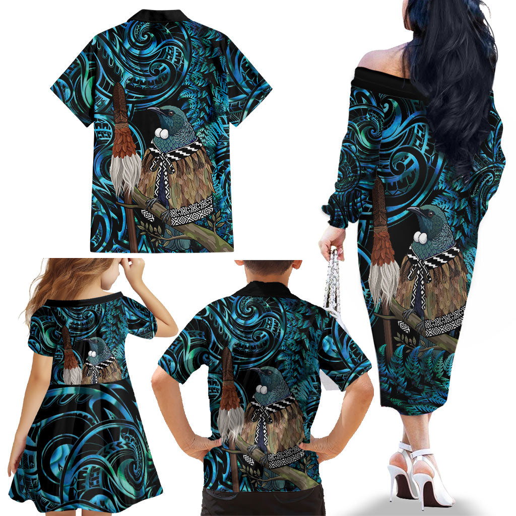 New Zealand Tui Bird Taiaha Family Matching Off The Shoulder Long Sleeve Dress and Hawaiian Shirt Maori Weapon Paua Shell Mix Silver Fern LT14 - Polynesian Pride