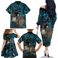 New Zealand Tui Bird Taiaha Family Matching Off The Shoulder Long Sleeve Dress and Hawaiian Shirt Maori Weapon Paua Shell Mix Silver Fern LT14 - Polynesian Pride