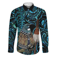 New Zealand Tui Bird Taiaha Family Matching Off The Shoulder Long Sleeve Dress and Hawaiian Shirt Maori Weapon Paua Shell Mix Silver Fern LT14 Dad's Shirt - Long Sleeve Turquoise - Polynesian Pride