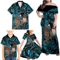 New Zealand Tui Bird Taiaha Family Matching Off Shoulder Maxi Dress and Hawaiian Shirt Maori Weapon Paua Shell Mix Silver Fern LT14 - Polynesian Pride