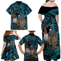 New Zealand Tui Bird Taiaha Family Matching Off Shoulder Maxi Dress and Hawaiian Shirt Maori Weapon Paua Shell Mix Silver Fern LT14 - Polynesian Pride