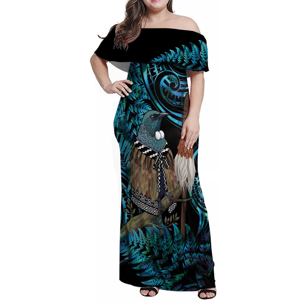 New Zealand Tui Bird Taiaha Family Matching Off Shoulder Maxi Dress and Hawaiian Shirt Maori Weapon Paua Shell Mix Silver Fern LT14 Mom's Dress Turquoise - Polynesian Pride