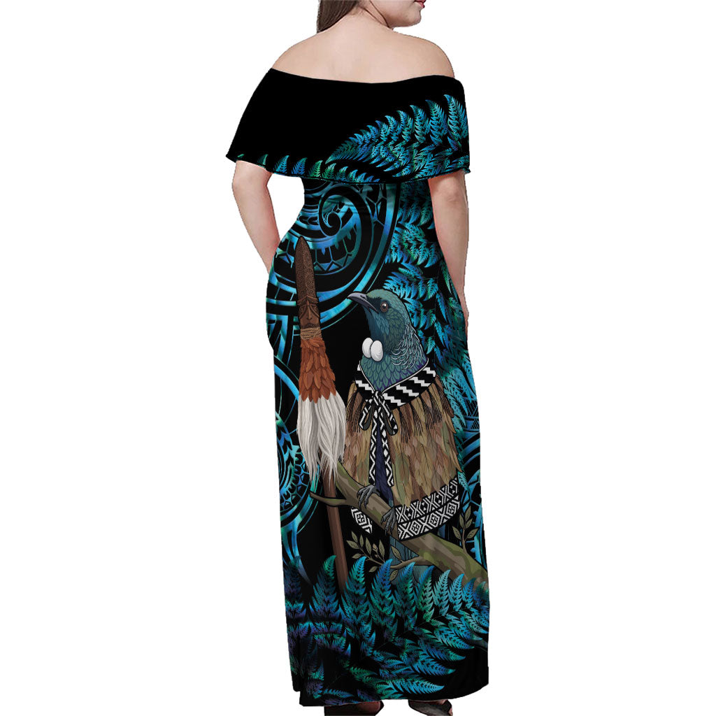 New Zealand Tui Bird Taiaha Family Matching Off Shoulder Maxi Dress and Hawaiian Shirt Maori Weapon Paua Shell Mix Silver Fern LT14 - Polynesian Pride