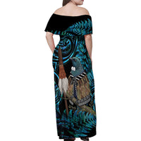 New Zealand Tui Bird Taiaha Family Matching Off Shoulder Maxi Dress and Hawaiian Shirt Maori Weapon Paua Shell Mix Silver Fern LT14 - Polynesian Pride