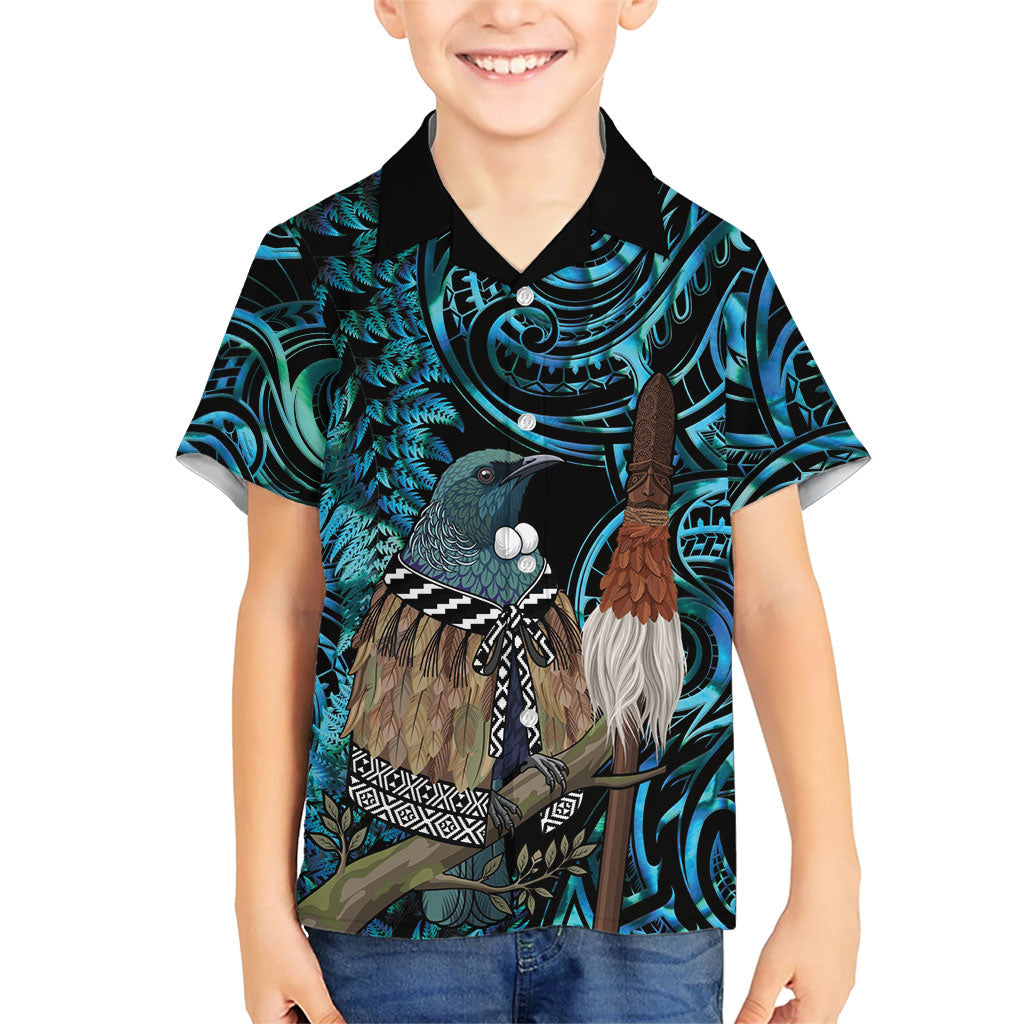 New Zealand Tui Bird Taiaha Family Matching Off Shoulder Maxi Dress and Hawaiian Shirt Maori Weapon Paua Shell Mix Silver Fern LT14 Son's Shirt Turquoise - Polynesian Pride