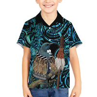 New Zealand Tui Bird Taiaha Family Matching Off Shoulder Maxi Dress and Hawaiian Shirt Maori Weapon Paua Shell Mix Silver Fern LT14 Son's Shirt Turquoise - Polynesian Pride