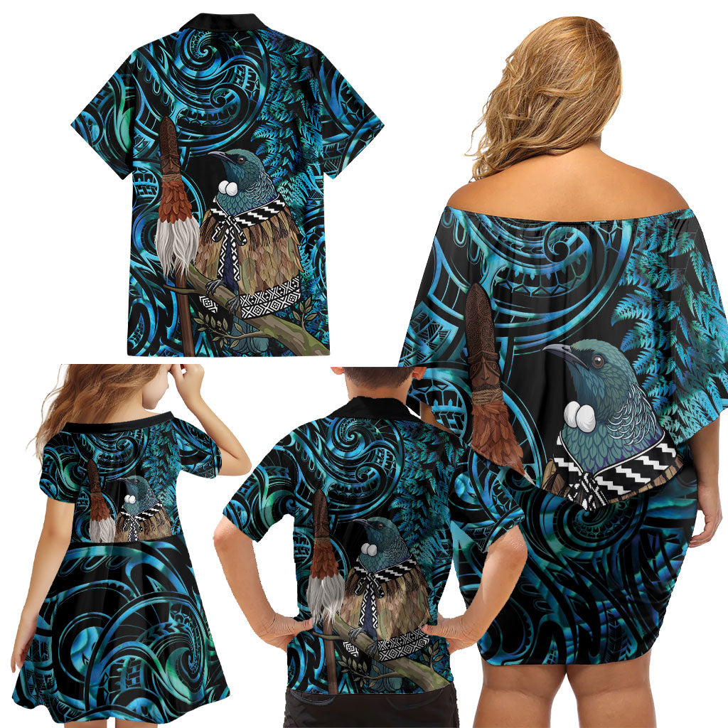 New Zealand Tui Bird Taiaha Family Matching Off Shoulder Short Dress and Hawaiian Shirt Maori Weapon Paua Shell Mix Silver Fern LT14 - Polynesian Pride