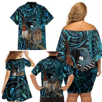 New Zealand Tui Bird Taiaha Family Matching Off Shoulder Short Dress and Hawaiian Shirt Maori Weapon Paua Shell Mix Silver Fern LT14 - Polynesian Pride