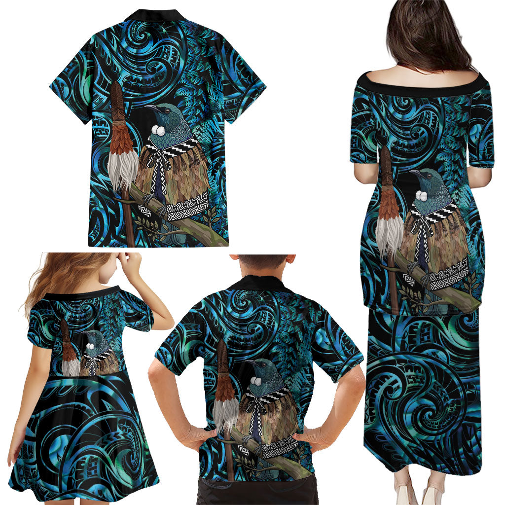 New Zealand Tui Bird Taiaha Family Matching Puletasi and Hawaiian Shirt Maori Weapon Paua Shell Mix Silver Fern LT14 - Polynesian Pride