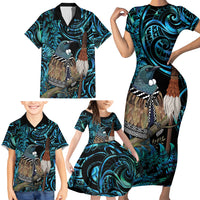 New Zealand Tui Bird Taiaha Family Matching Short Sleeve Bodycon Dress and Hawaiian Shirt Maori Weapon Paua Shell Mix Silver Fern LT14 - Polynesian Pride