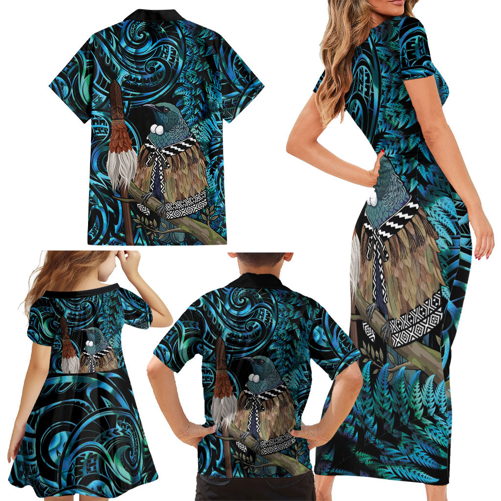 New Zealand Tui Bird Taiaha Family Matching Short Sleeve Bodycon Dress and Hawaiian Shirt Maori Weapon Paua Shell Mix Silver Fern LT14 - Polynesian Pride