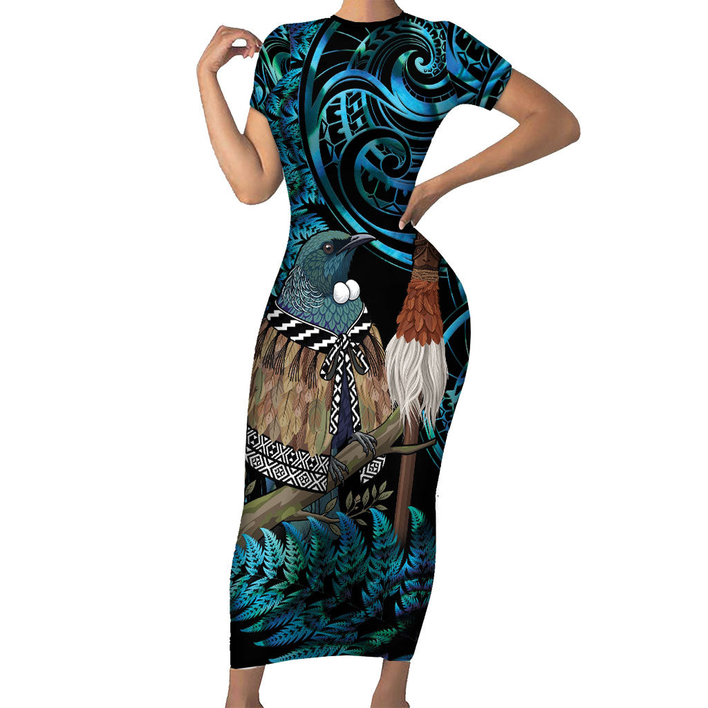 New Zealand Tui Bird Taiaha Family Matching Short Sleeve Bodycon Dress and Hawaiian Shirt Maori Weapon Paua Shell Mix Silver Fern LT14 Mom's Dress Turquoise - Polynesian Pride