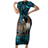 New Zealand Tui Bird Taiaha Family Matching Short Sleeve Bodycon Dress and Hawaiian Shirt Maori Weapon Paua Shell Mix Silver Fern LT14 Mom's Dress Turquoise - Polynesian Pride