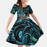 New Zealand Tui Bird Taiaha Family Matching Summer Maxi Dress and Hawaiian Shirt Maori Weapon Paua Shell Mix Silver Fern LT14 Daughter's Dress Turquoise - Polynesian Pride