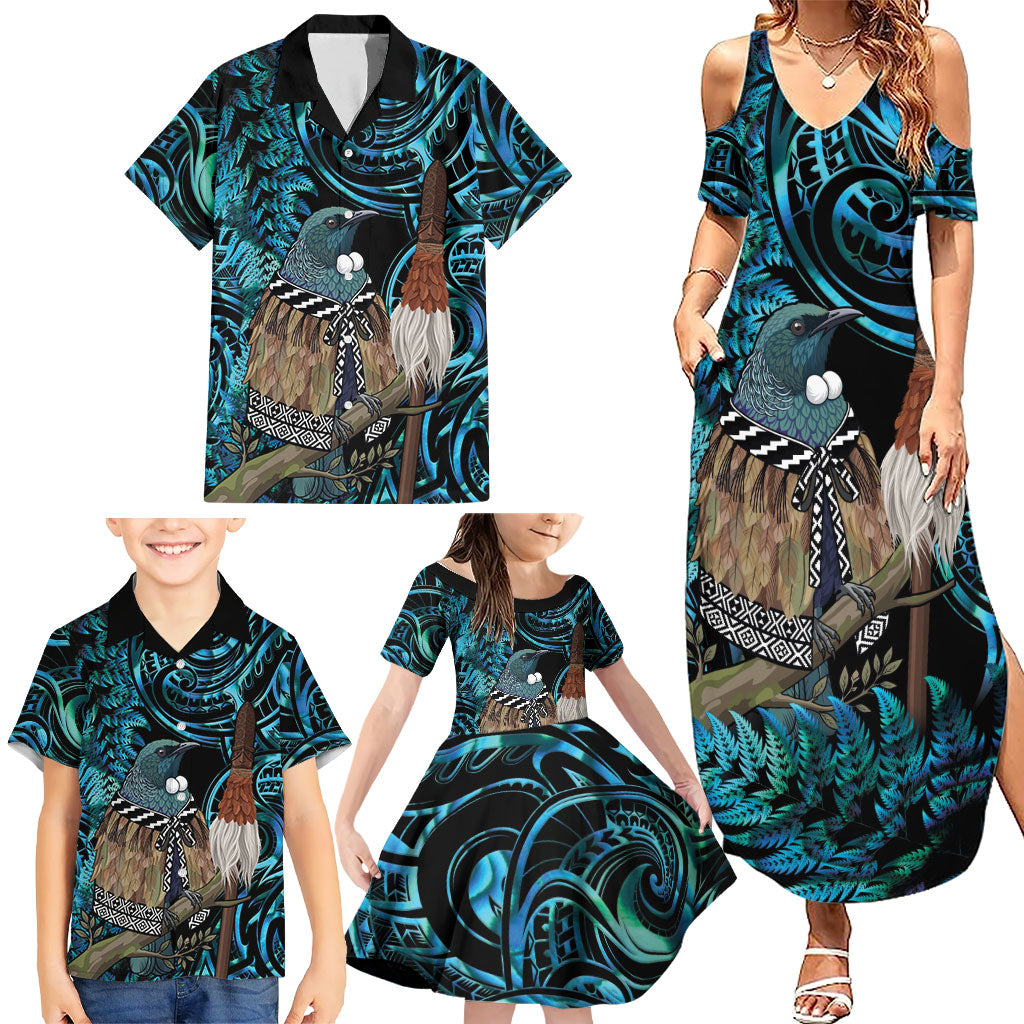 New Zealand Tui Bird Taiaha Family Matching Summer Maxi Dress and Hawaiian Shirt Maori Weapon Paua Shell Mix Silver Fern LT14 - Polynesian Pride