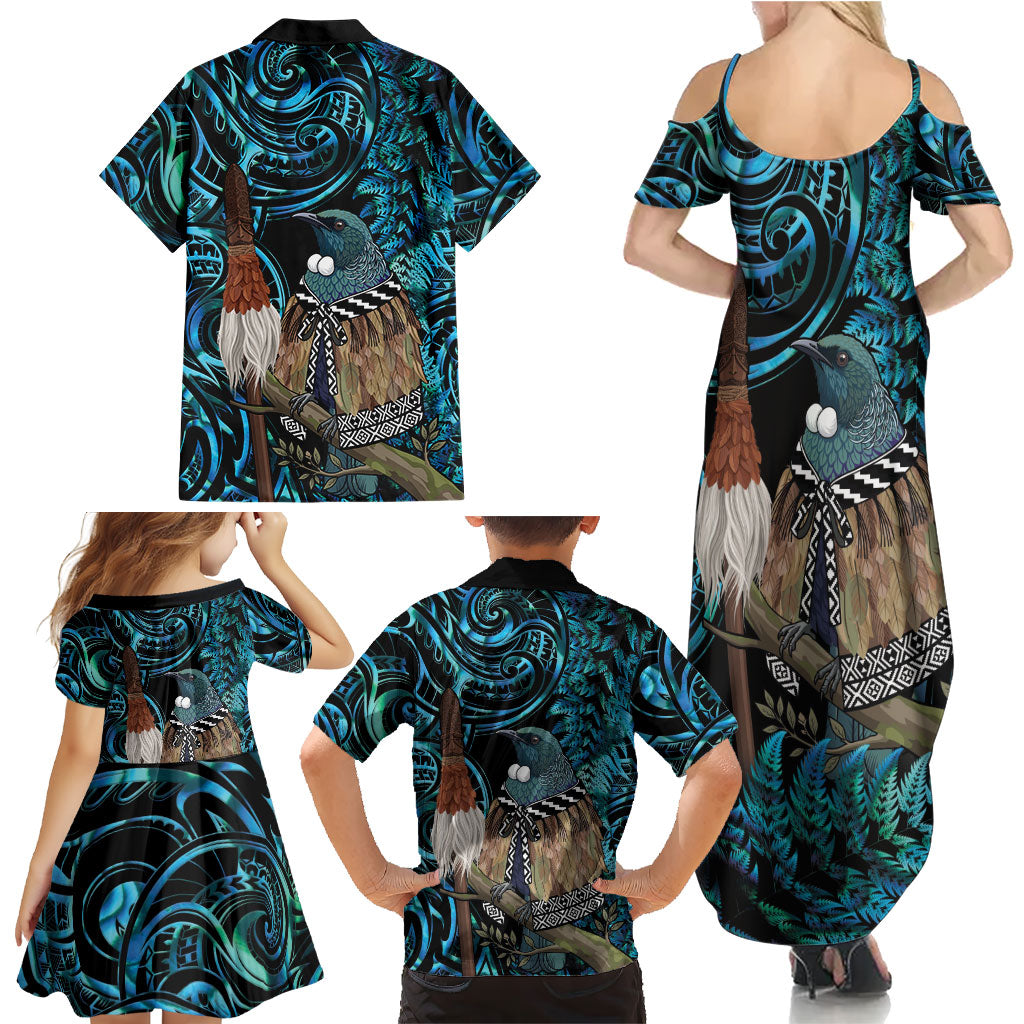 New Zealand Tui Bird Taiaha Family Matching Summer Maxi Dress and Hawaiian Shirt Maori Weapon Paua Shell Mix Silver Fern LT14 - Polynesian Pride