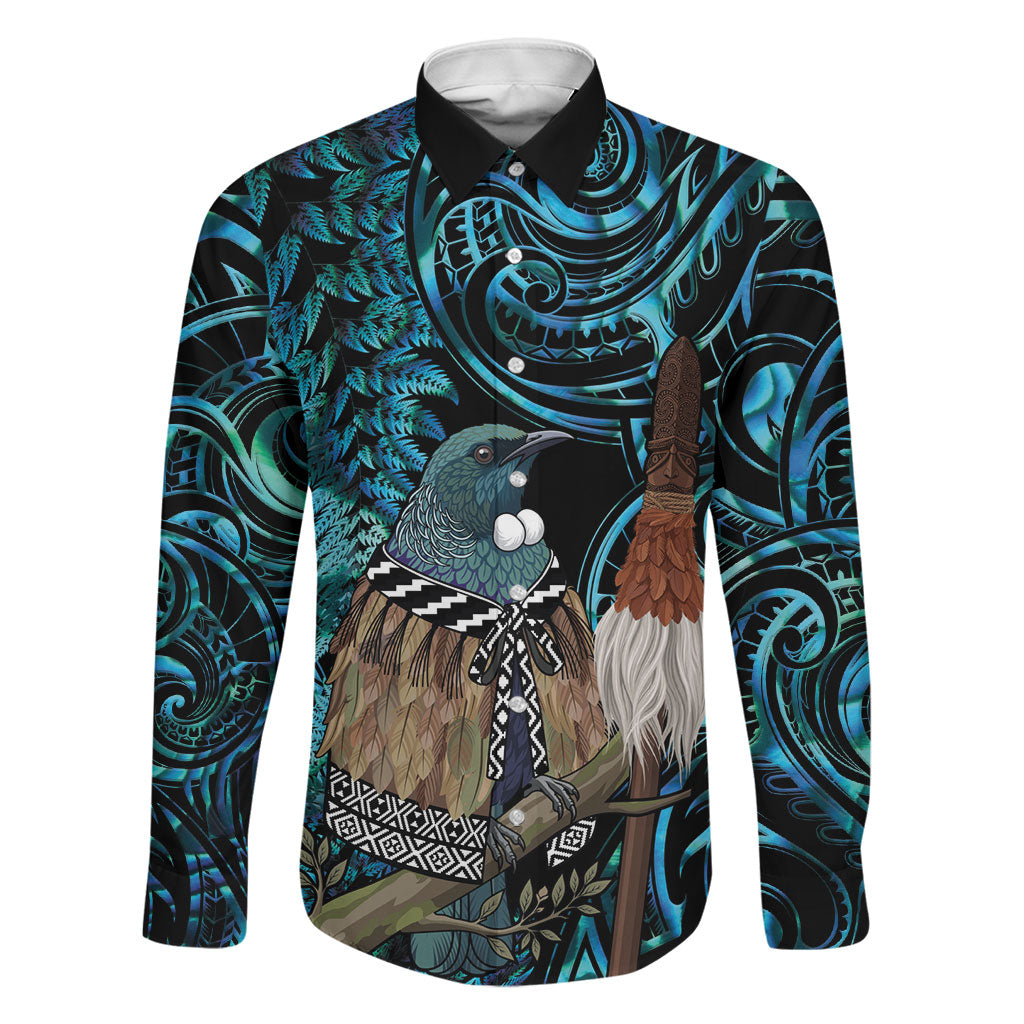 New Zealand Tui Bird Taiaha Family Matching Summer Maxi Dress and Hawaiian Shirt Maori Weapon Paua Shell Mix Silver Fern LT14 Dad's Shirt - Long Sleeve Turquoise - Polynesian Pride