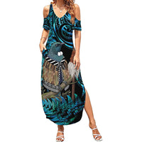 New Zealand Tui Bird Taiaha Family Matching Summer Maxi Dress and Hawaiian Shirt Maori Weapon Paua Shell Mix Silver Fern LT14 Mom's Dress Turquoise - Polynesian Pride