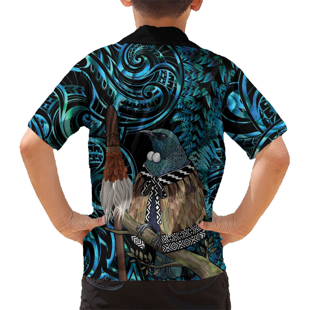 New Zealand Tui Bird Taiaha Family Matching Tank Maxi Dress and Hawaiian Shirt Maori Weapon Paua Shell Mix Silver Fern LT14 - Polynesian Pride