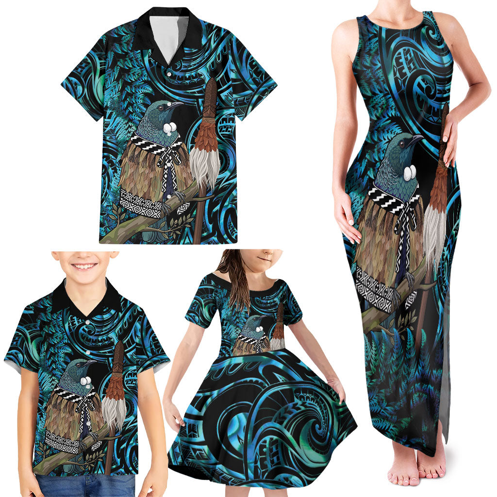 New Zealand Tui Bird Taiaha Family Matching Tank Maxi Dress and Hawaiian Shirt Maori Weapon Paua Shell Mix Silver Fern LT14 - Polynesian Pride