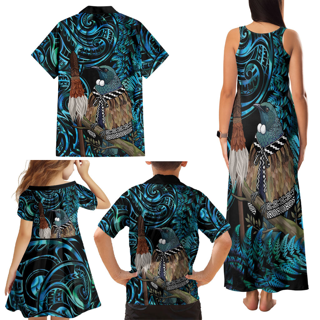 New Zealand Tui Bird Taiaha Family Matching Tank Maxi Dress and Hawaiian Shirt Maori Weapon Paua Shell Mix Silver Fern LT14 - Polynesian Pride