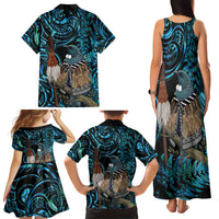New Zealand Tui Bird Taiaha Family Matching Tank Maxi Dress and Hawaiian Shirt Maori Weapon Paua Shell Mix Silver Fern LT14 - Polynesian Pride