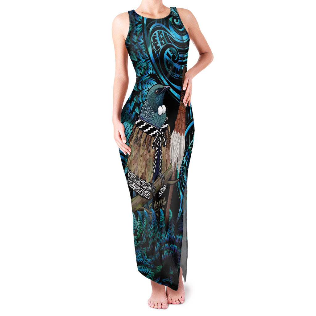 New Zealand Tui Bird Taiaha Family Matching Tank Maxi Dress and Hawaiian Shirt Maori Weapon Paua Shell Mix Silver Fern LT14 Mom's Dress Turquoise - Polynesian Pride