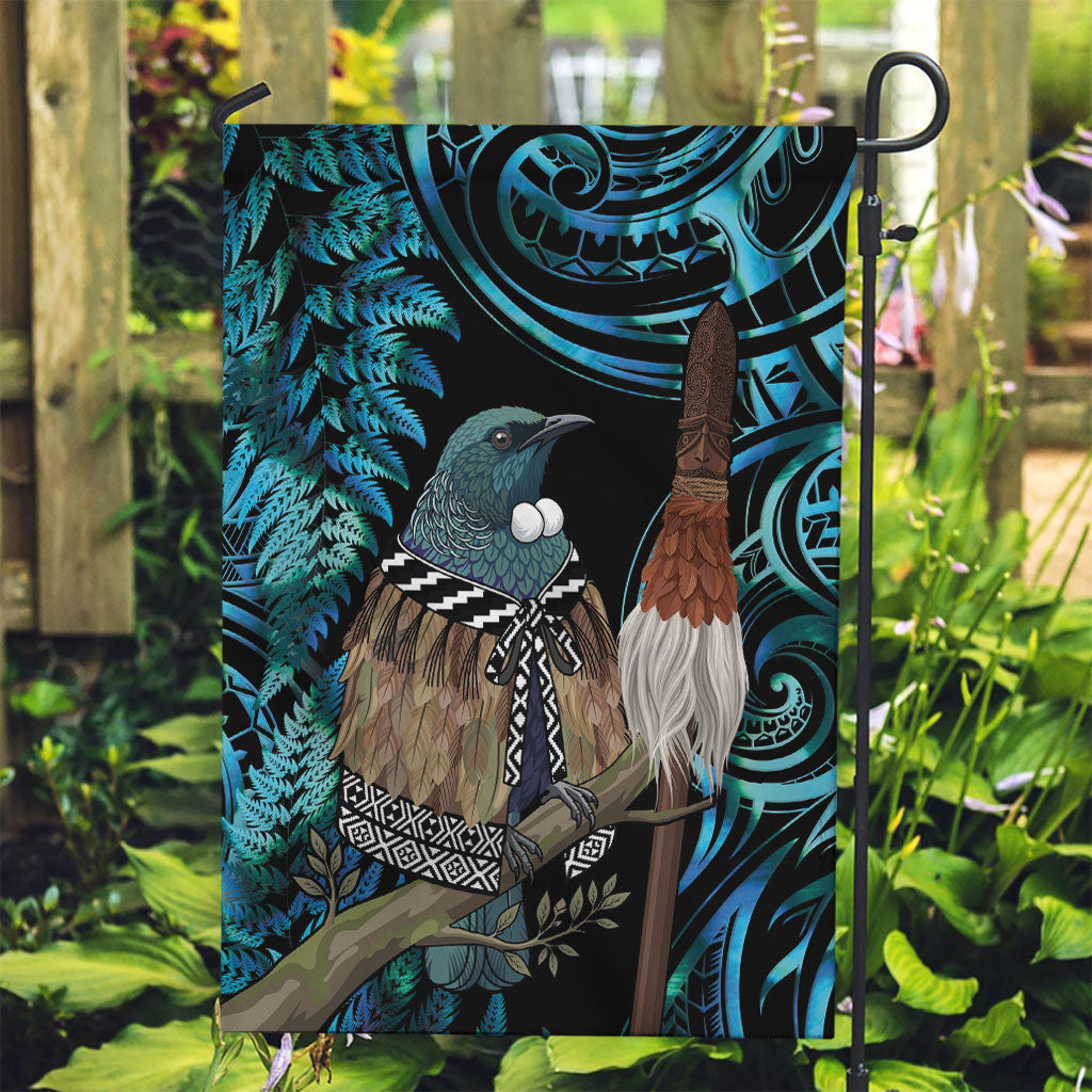New Zealand Tui Bird Taiaha Garden Flag Maori Weapon Paua Shell Mix Silver Fern LT14 Garden Flag Turquoise - Polynesian Pride