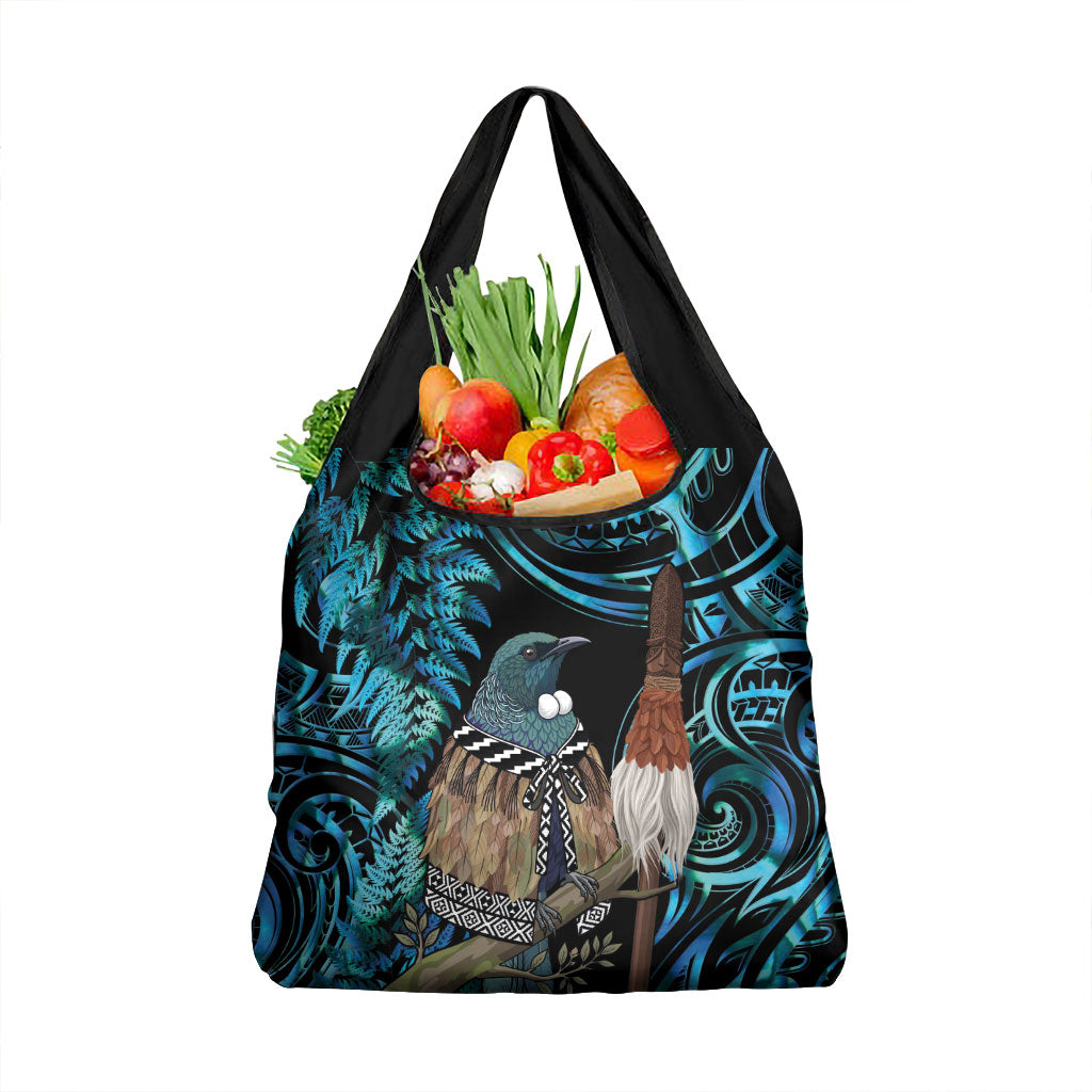 New Zealand Tui Bird Taiaha Grocery Bag Maori Weapon Paua Shell Mix Silver Fern LT14 1-pack One Size Turquoise - Polynesian Pride