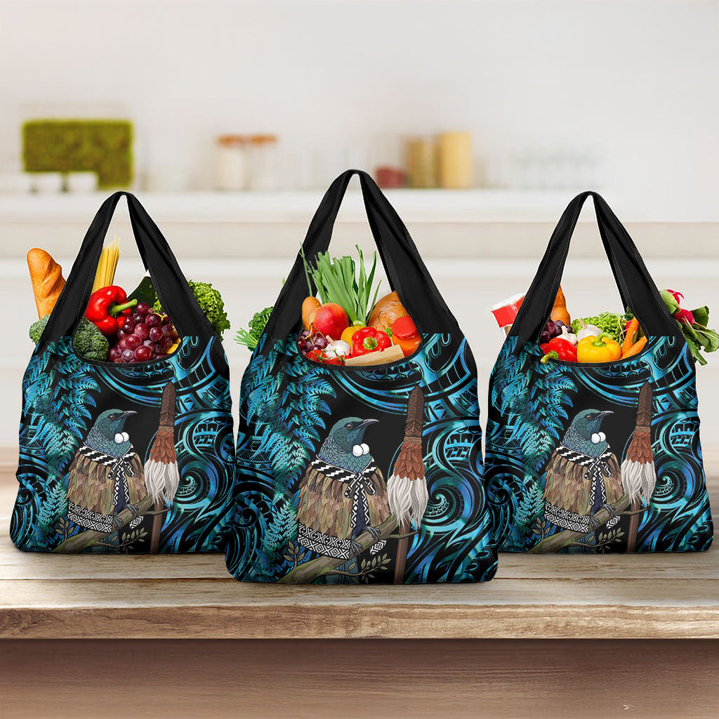 New Zealand Tui Bird Taiaha Grocery Bag Maori Weapon Paua Shell Mix Silver Fern LT14 3-pack One Size Turquoise - Polynesian Pride