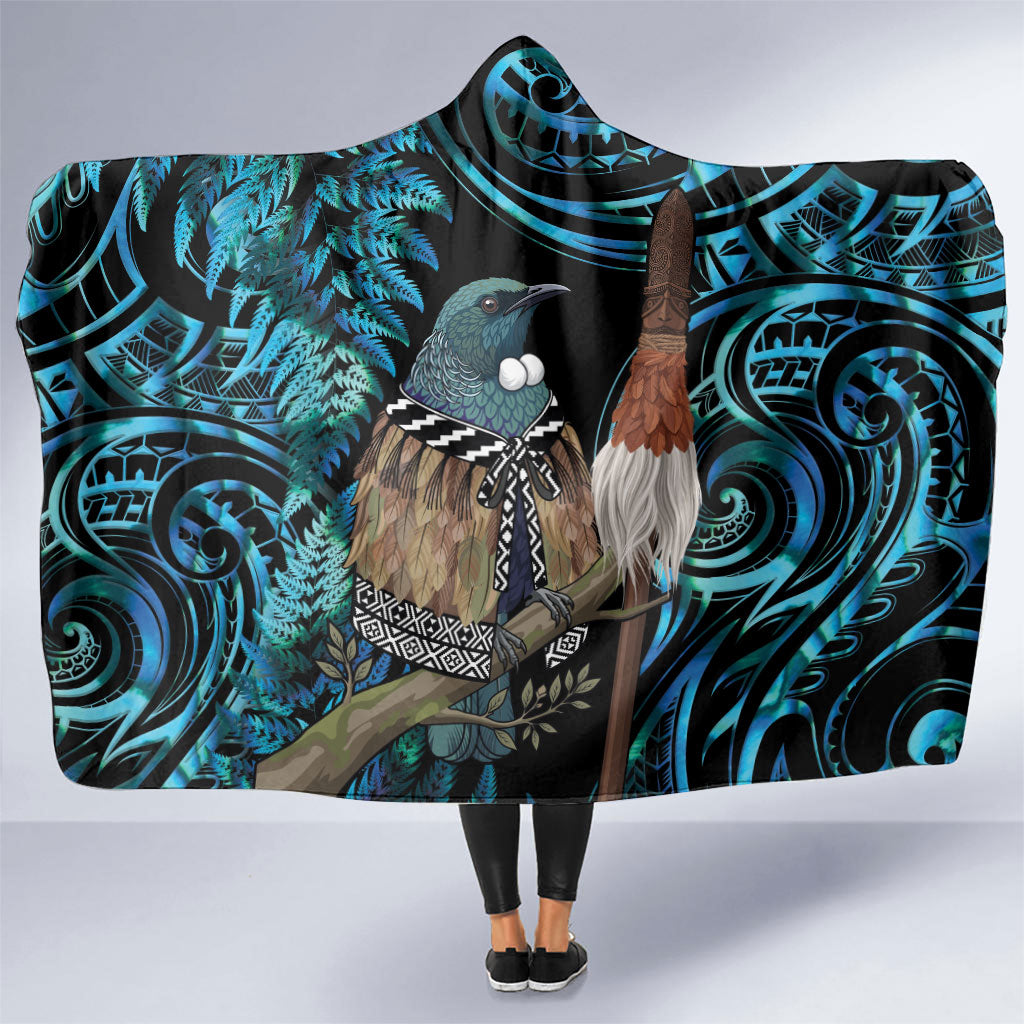 New Zealand Tui Bird Taiaha Hooded Blanket Maori Weapon Paua Shell Mix Silver Fern LT14 One Size Turquoise - Polynesian Pride