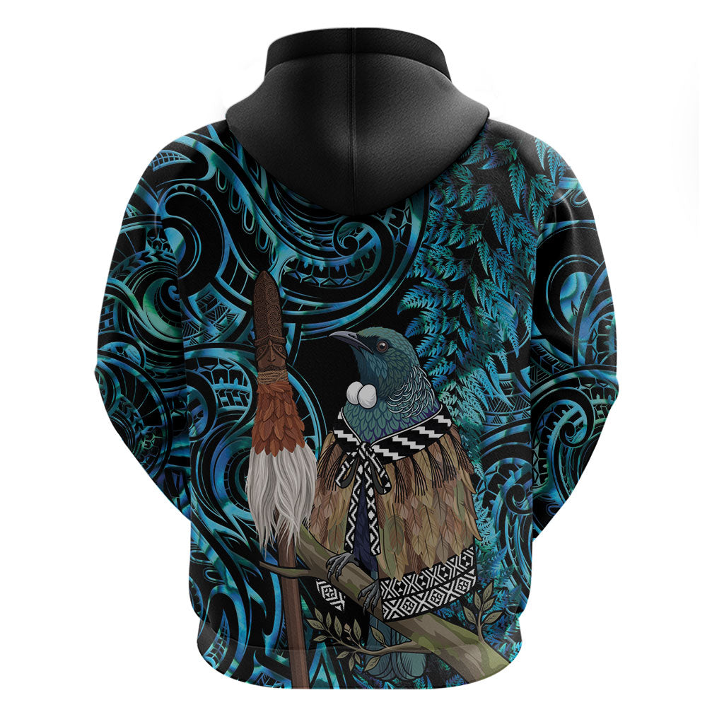 New Zealand Tui Bird Taiaha Hoodie Maori Weapon Paua Shell Mix Silver Fern LT14 - Polynesian Pride