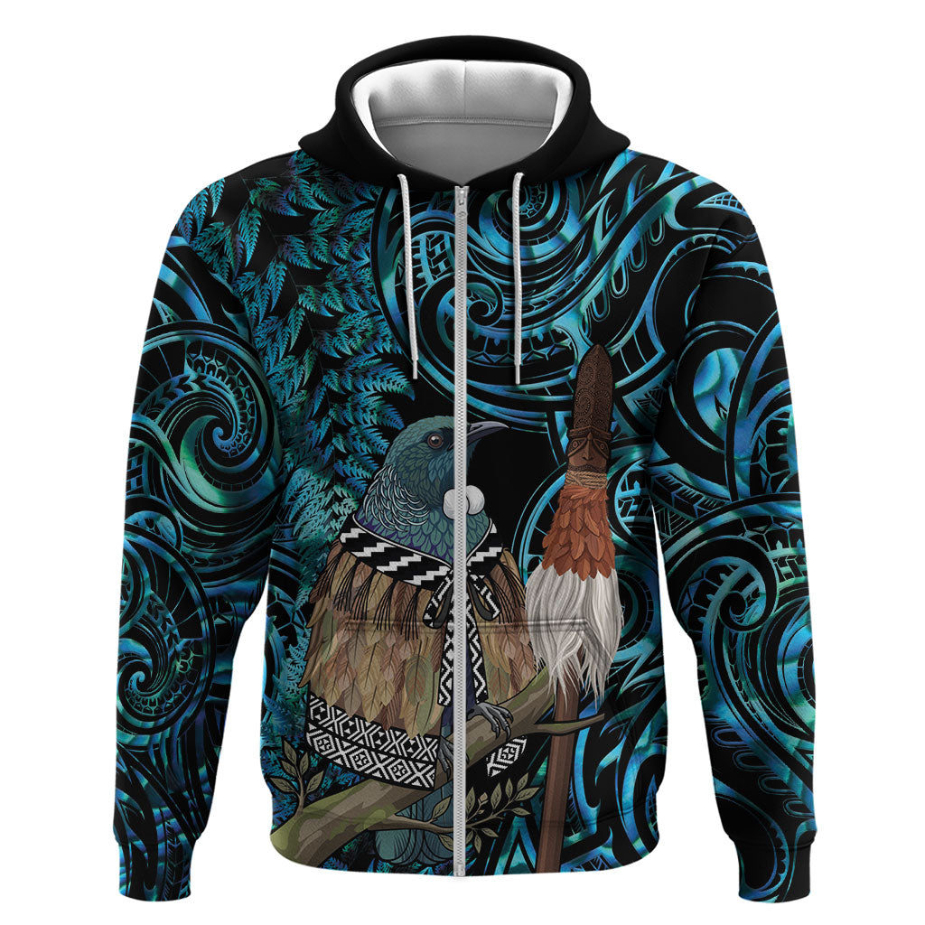 New Zealand Tui Bird Taiaha Hoodie Maori Weapon Paua Shell Mix Silver Fern LT14 Zip Hoodie Turquoise - Polynesian Pride