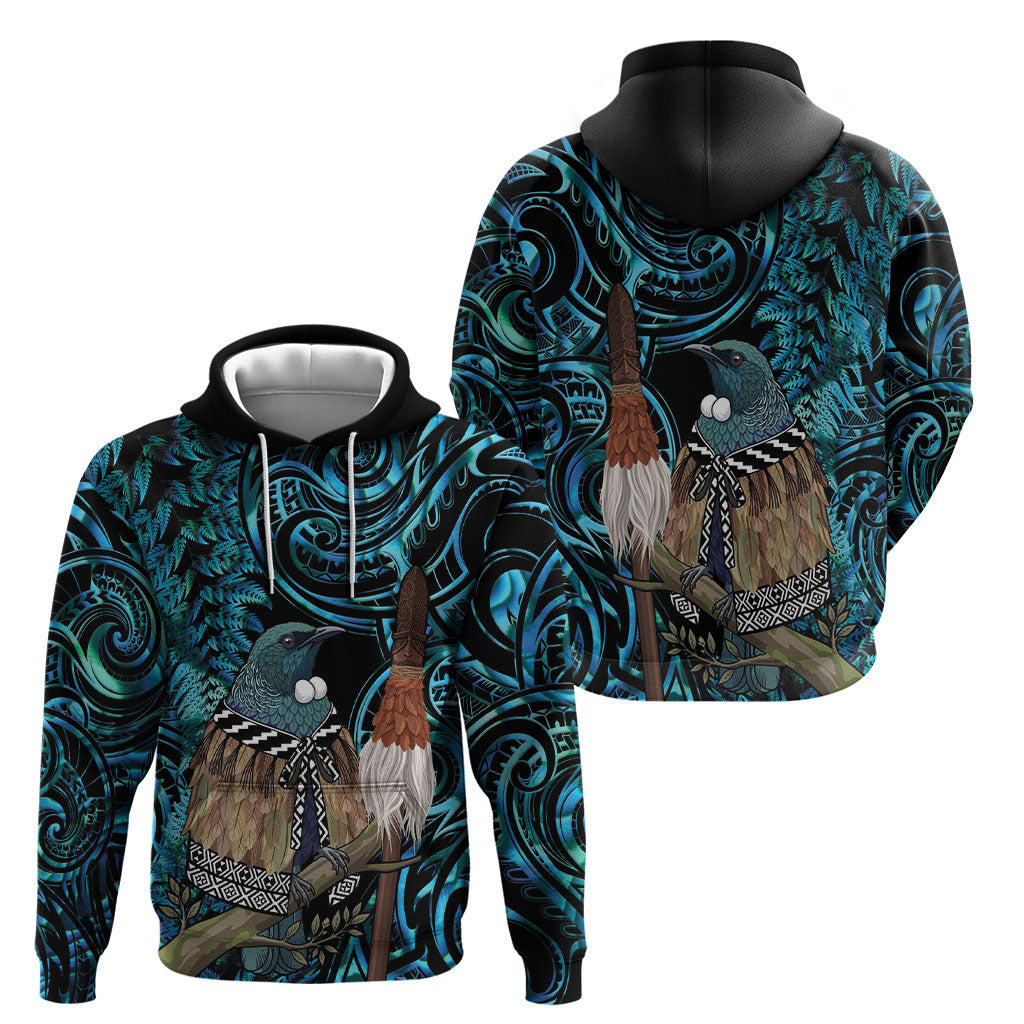 New Zealand Tui Bird Taiaha Hoodie Maori Weapon Paua Shell Mix Silver Fern LT14 - Polynesian Pride