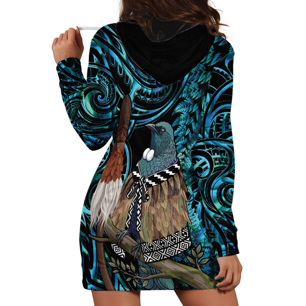 New Zealand Tui Bird Taiaha Hoodie Dress Maori Weapon Paua Shell Mix Silver Fern LT14 - Polynesian Pride
