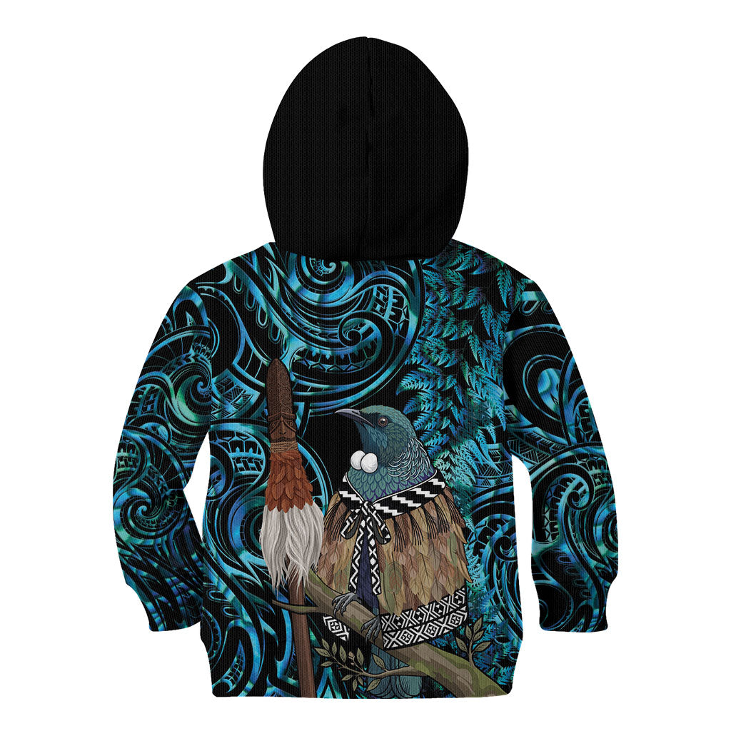 New Zealand Tui Bird Taiaha Kid Hoodie Maori Weapon Paua Shell Mix Silver Fern LT14 - Polynesian Pride